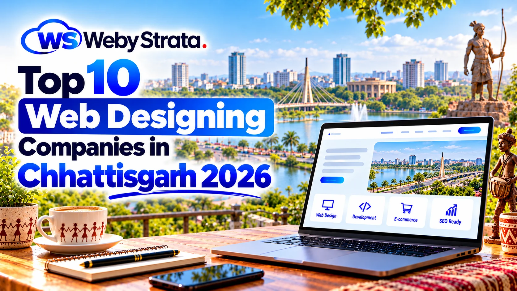 Top 10 web designing companies in Chhattisgarh 2026 with WebyStrata branding and Raipur skyline