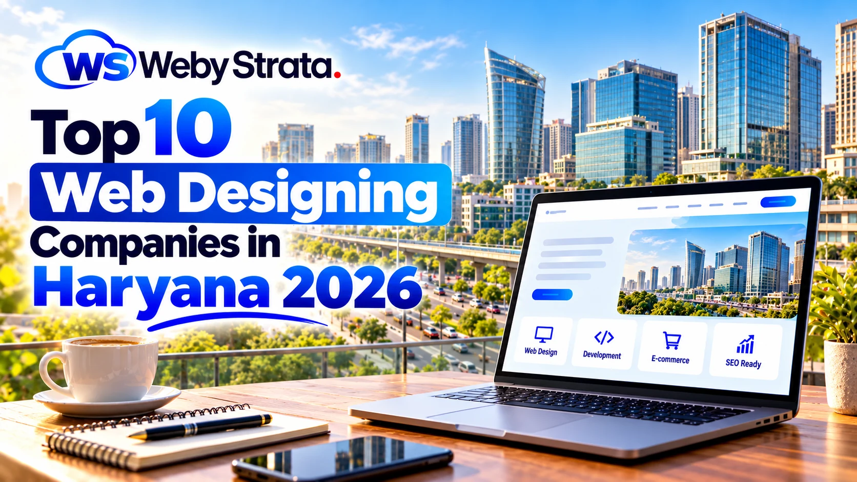 Top 10 web designing companies in Haryana 2026 with WebyStrata branding and Gurugram skyline