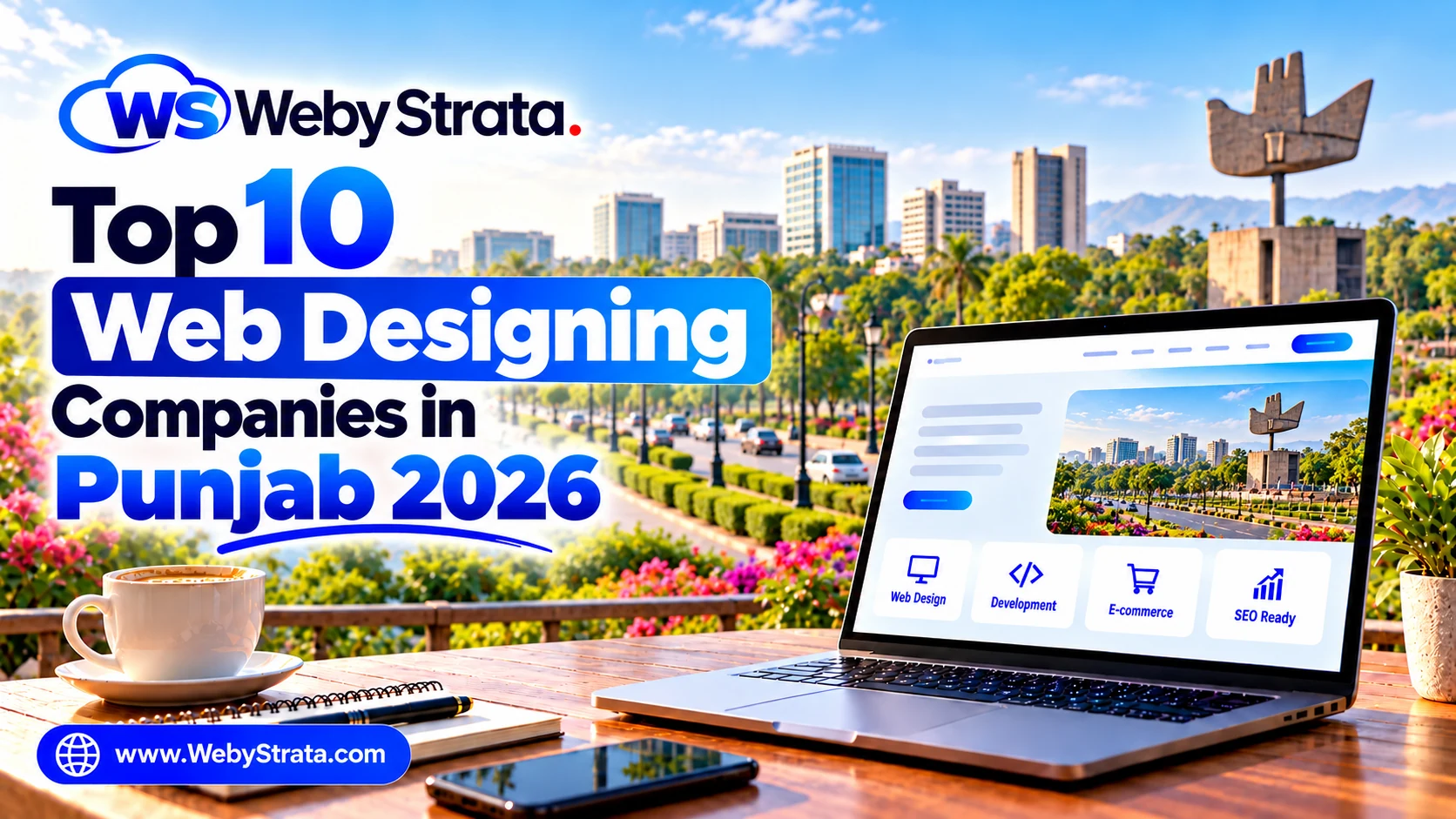Top 10 web designing companies in Punjab 2026 with WebyStrata branding and Chandigarh skyline