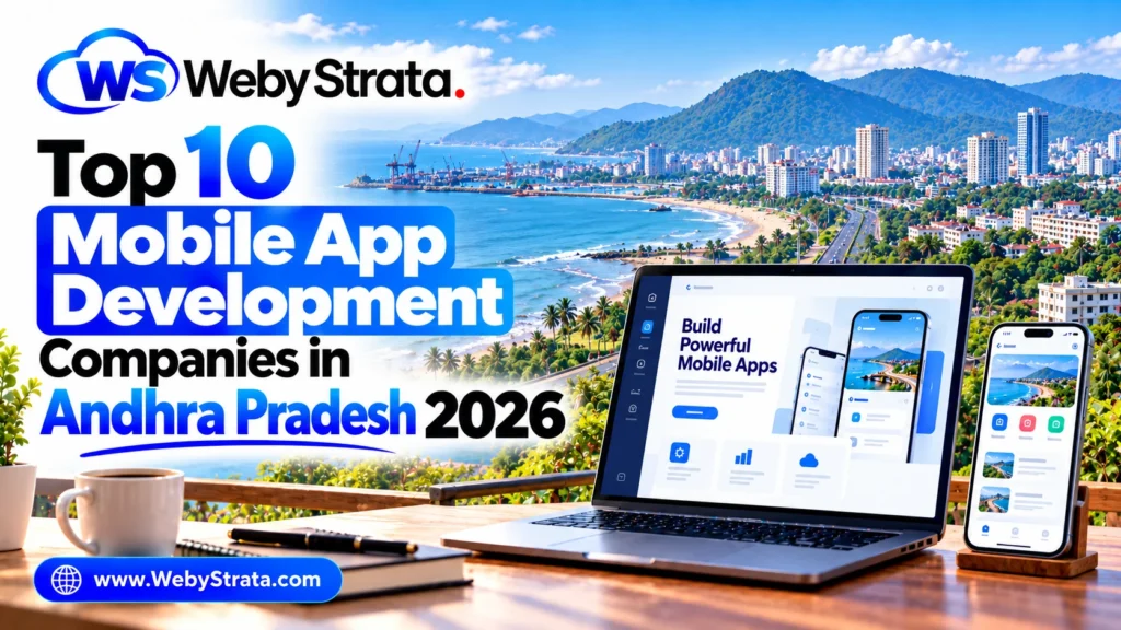 Top 10 mobile app development companies in Andhra Pradesh 2026 with WebyStrata branding and Visakhapatnam coastline