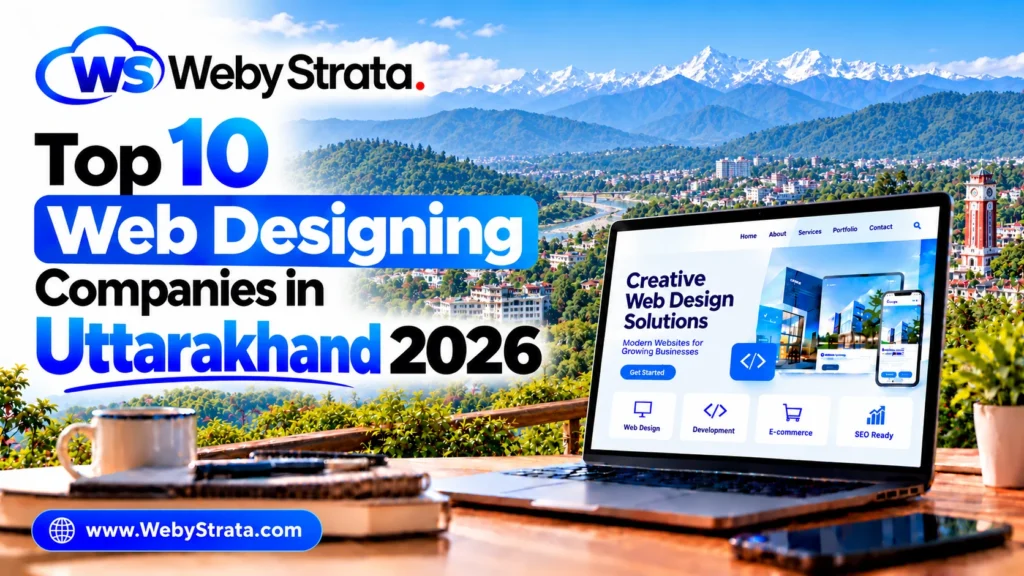 Top 10 web designing companies in Uttarakhand 2026 with WebyStrata branding and Dehradun mountains