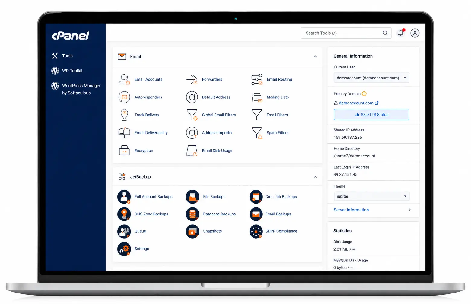 WebyStrata cPanel demo dashboard preview